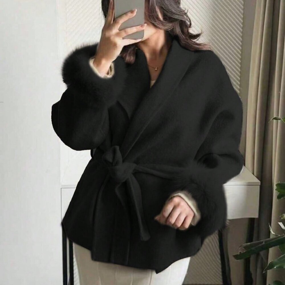 black Women's Casual Romantic Long Sleeve Coat with Faux Fur Trim